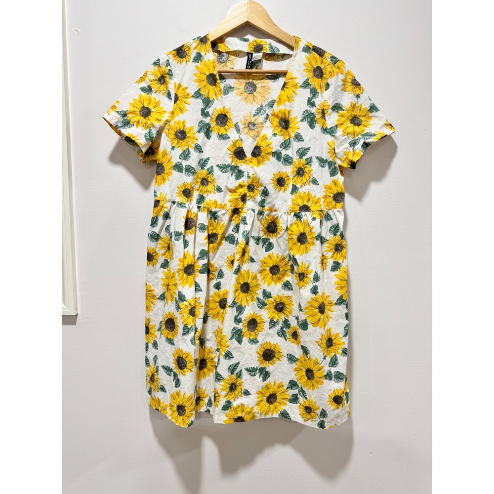 H&M Divided Sunflower Print Babydoll Mini Dress White Yellow Cotton Size M